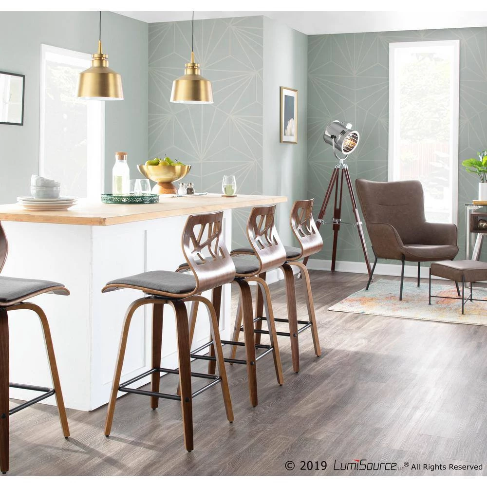 Folia 26 in. Walnut Wood and Light Grey Fabric Counter Stool (Set of 2) by Lumisource 10 Folia 26 in. Walnut Wood and Light Grey Fabric Counter Stool (Set of 2) by Lumisource - Image 8