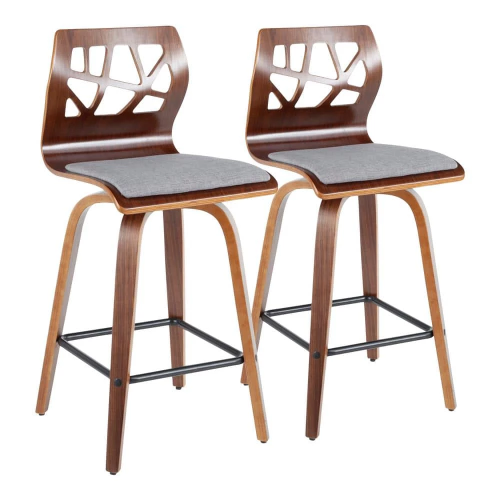 Folia 26 in. Walnut Wood and Light Grey Fabric Counter Stool (Set of 2) by Lumisource 3 Folia 26 in. Walnut Wood and Light Grey Fabric Counter Stool (Set of 2) by Lumisource