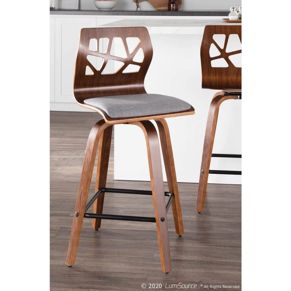 Folia 26 in. Walnut Wood and Light Grey Fabric Counter Stool (Set of 2) by Lumisource 7 Folia 26 in. Walnut Wood and Light Grey Fabric Counter Stool (Set of 2) by Lumisource - Image 5