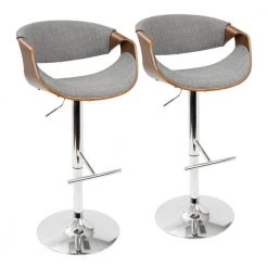 Curvo 43 in. Adjustable Bar Stool in Light Grey Fabric and Chrome with Walnut Wood (Set of 2) by Lumisource