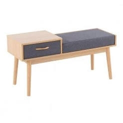 Telephone Natural Wood and Grey Fabric Bench with Pull-Out Drawer (20 in. x 39.5 in. x 15 in. ) by Lumisource