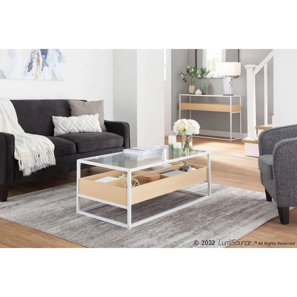 Display 22 in. Natural Wood and White Steel Rectangle Glass Coffee Table with 4-Storage Compartments by Lumisource 7 Display 22 in. Natural Wood and White Steel Rectangle Glass Coffee Table with 4-Storage Compartments by Lumisource - Image 5