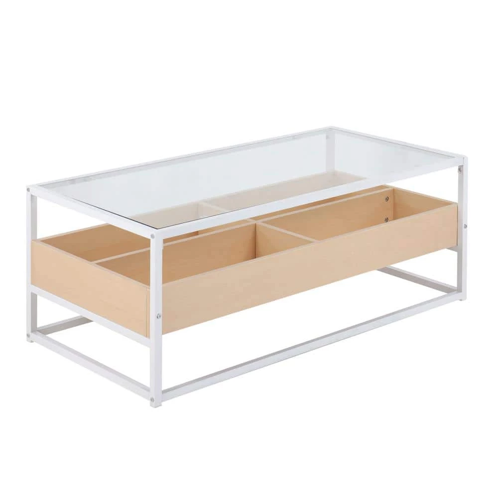 Display 22 in. Natural Wood and White Steel Rectangle Glass Coffee Table with 4-Storage Compartments by Lumisource 3 Display 22 in. Natural Wood and White Steel Rectangle Glass Coffee Table with 4-Storage Compartments by Lumisource