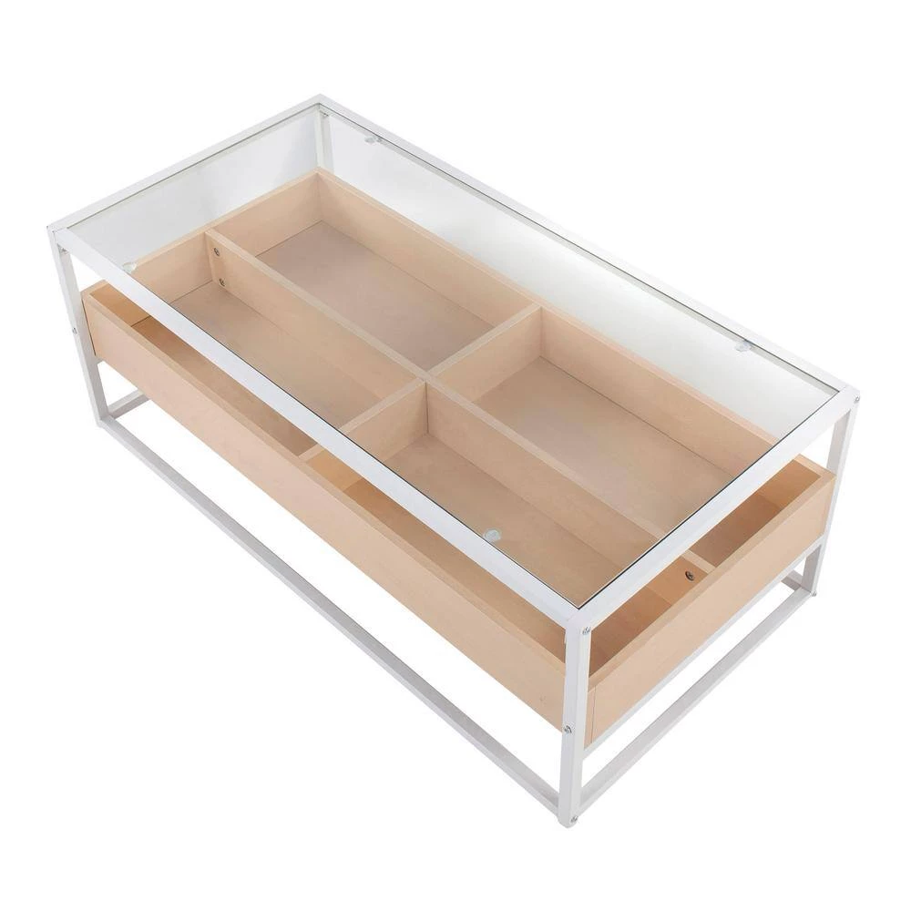 Display 22 in. Natural Wood and White Steel Rectangle Glass Coffee Table with 4-Storage Compartments by Lumisource 5 Display 22 in. Natural Wood and White Steel Rectangle Glass Coffee Table with 4-Storage Compartments by Lumisource - Image 3