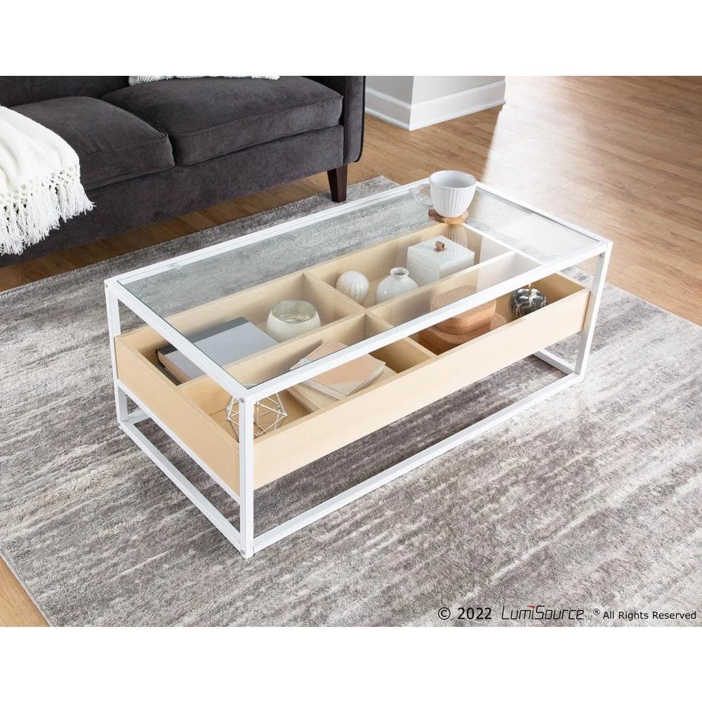 Display 22 in. Natural Wood and White Steel Rectangle Glass Coffee Table with 4-Storage Compartments by Lumisource 6 Display 22 in. Natural Wood and White Steel Rectangle Glass Coffee Table with 4-Storage Compartments by Lumisource - Image 4