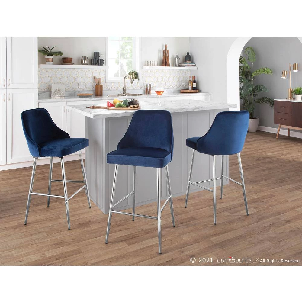 Marcel 25 in. Chrome Metal Counter Stool with Navy Blue Velvet Upholstery (Set of 2) by Lumisource 10 Marcel 25 in. Chrome Metal Counter Stool with Navy Blue Velvet Upholstery (Set of 2) by Lumisource - Image 8