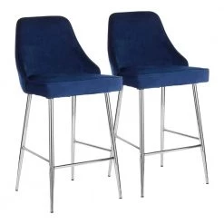 Marcel 25 in. Chrome Metal Counter Stool with Navy Blue Velvet Upholstery (Set of 2) by Lumisource