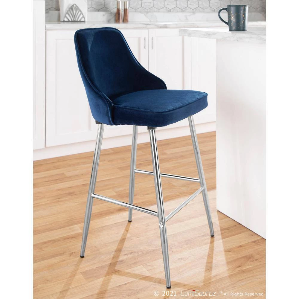 Marcel 25 in. Chrome Metal Counter Stool with Navy Blue Velvet Upholstery (Set of 2) by Lumisource 8 Marcel 25 in. Chrome Metal Counter Stool with Navy Blue Velvet Upholstery (Set of 2) by Lumisource - Image 6