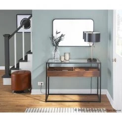 Display 16 in. Walnut Wood and Black Steel Rectangular Glass Console Table with 4-Storage Compartments by Lumisource -Cheap Lumisource Store walnut wood black steel lumisource console tables tbc display bkwl 31 1000