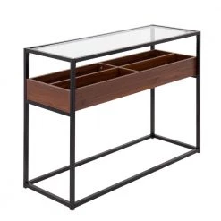 Display 16 in. Walnut Wood and Black Steel Rectangular Glass Console Table with 4-Storage Compartments by Lumisource