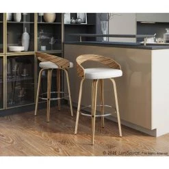 Grotto 29.75 in. Counter Height Bar Stool in White Faux Leather and Zebra Wood (Set of 2) by Lumisource -Cheap Lumisource Store white faux leather zebra wood lumisource bar stools b24 grotto2 swvr zbw2 31 1000