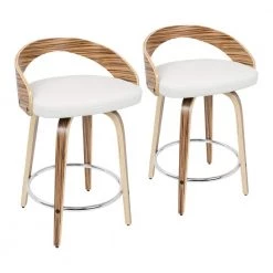 Grotto 29.75 in. Counter Height Bar Stool in White Faux Leather and Zebra Wood (Set of 2) by Lumisource