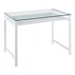 Hover 43.5 in. Rectangular White Metal and Clear Glass Writing Desk with White Wood Floating Shelf by Lumisource