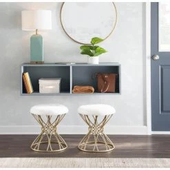 Jasmine White Plush Fabric and Gold Vanity Stool by Lumisource -Cheap Lumisource Store white plush fabric lumisource makeup vanities b18 jasmine plsh auw 31 1000