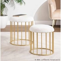 Canary Nesting White Plush Fabric and Gold Ottoman Set by Lumisource -Cheap Lumisource Store white plush fabric lumisource ottomans ot cnrynest plsh auw 31 1000