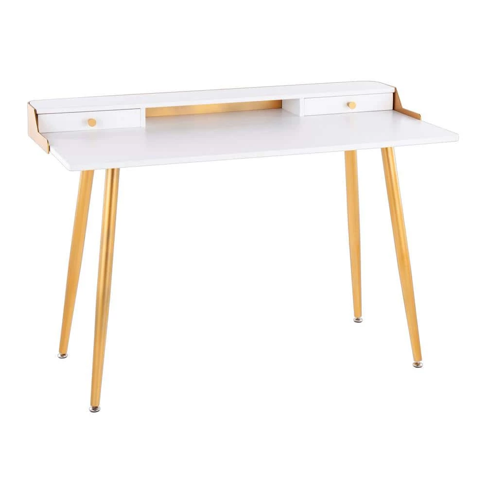 Harvey 47.5 in. Rectangular White Wood and Gold Metal 2-Drawer Writing Desk with Gold Accents by Lumisource 2 Harvey 47.5 in. Rectangular White Wood and Gold Metal 2-Drawer Writing Desk with Gold Accents by Lumisource